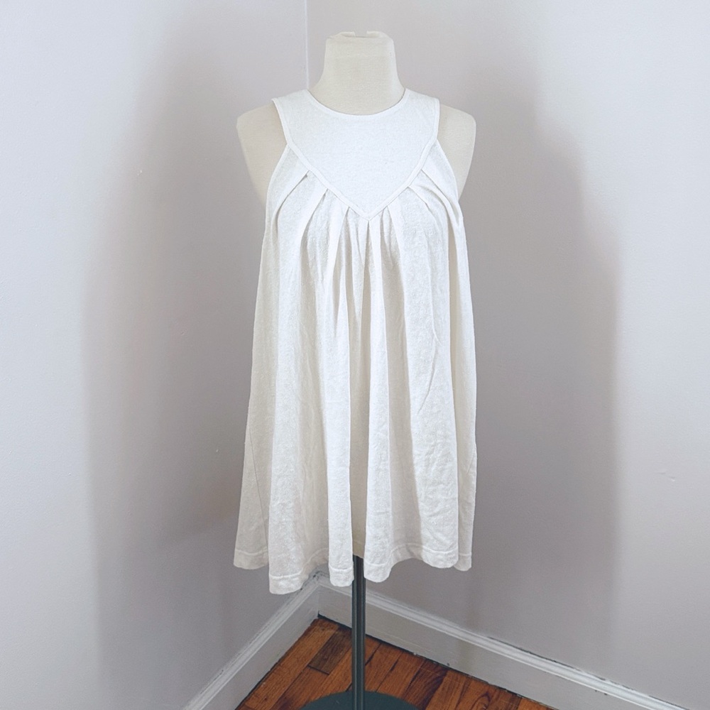 Free People Beach White Sleeveless Cotton Tunic Dress Pleated A-Line Summer Tank
